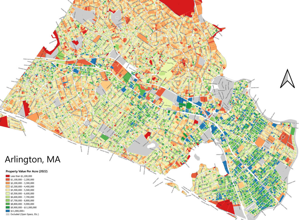 Map of Arlington MA showing property values per acre.