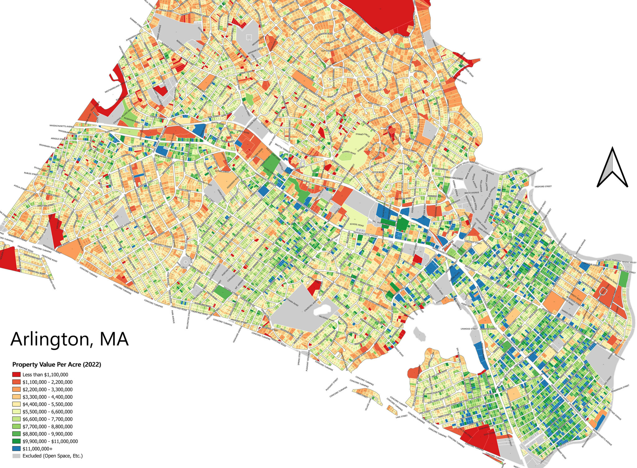 Map of Arlington MA showing property values per acre.